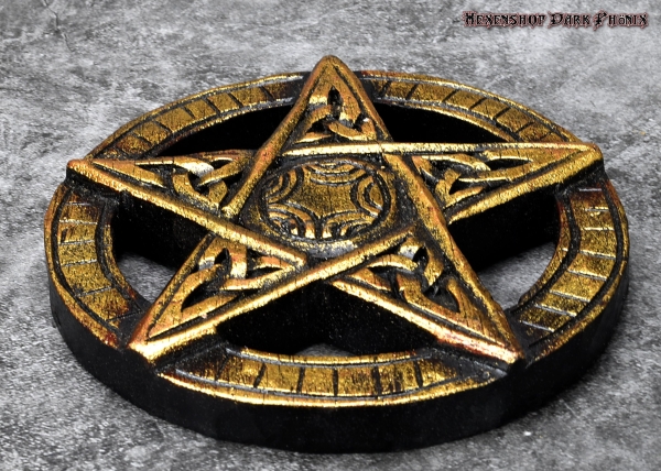 Wandrelief schwarzes geschnitztes Holz Pentagramm Goldfarbe